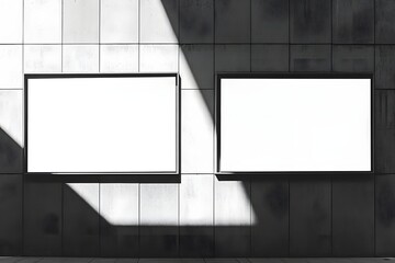 Two blank billboards on a modern building's facade concept of street advertising daylight urban setting.
