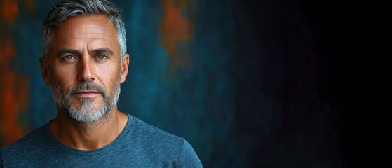 Serious mature man with gray hair and beard wearing a blue shirt standing against a dark textured background Generative AI