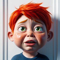 Obraz premium Crying cartoon boy with green eyes full of tears, asking for help, 3D character illustration