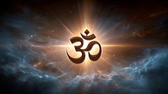 Spiritual symbol radiates, with mystical cloud background and light burst