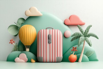 Whimsical Summer Travel Scene Pastel Pink Striped Suitcase, Cartoon Clouds and Palm Trees