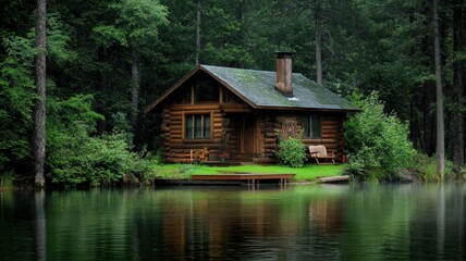 Fototapeta premium Rustic Log Cabin by a Tranquil Lake in the Rain