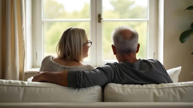 Middle aged married couple sit together having a conversation on the settee at home