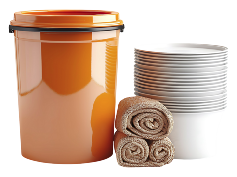 Cleanliness, organization, and refreshment A vibrant orange container stands beside neatly stacked bowls and rolled towels, symbolizing hygiene, order, and relaxation.