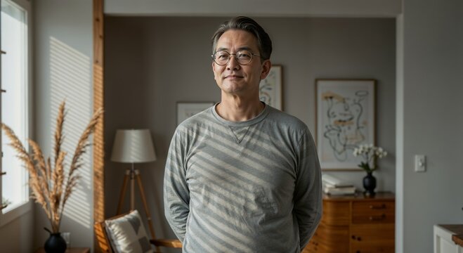 Middle-aged man with a gentle smile standing in a cozy modern room with natural light