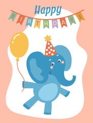 Cute happy birthday card with animals. Concept of celebration and fun. Hand-drawn vector illustration in flat style.
