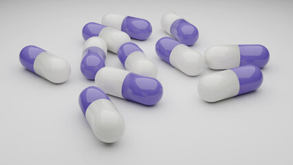 複数の散らばっている薬のカプセルのイメージ　3D・レンダリング　紫／バイオレット