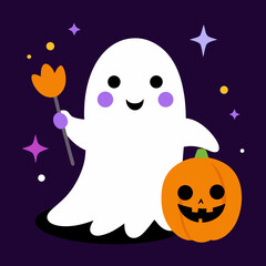 Halloween pumpkin and ghost in dark