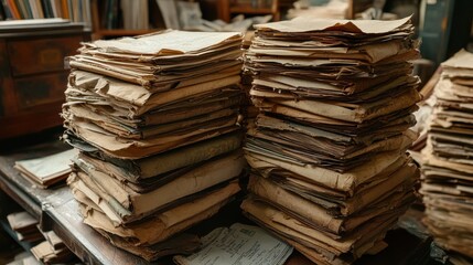 Naklejka premium Stacks of aged papers, hinting at forgotten stories and untold histories. A warm, nostalgic atmosphere.