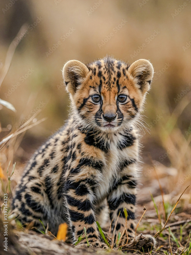 Wall mural close-up view of king cheetah cub in its natural environment with a blurred background.