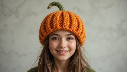 Fototapeta premium Pumpkin Head Fashion: a joyful young woman wears a handmade pumpkin hat, embodying the spirit of autumn's charm with playful elegance and natural beauty.