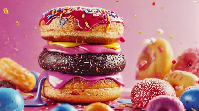 Colorful stack of donuts with sprinkles and candies on a vibrant pink background, ideal for dessert promotions