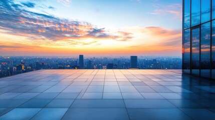 Fototapeta premium Cityscape view from the rooftop with glass building and colorful sunset sky. Showcases urban development, modern architecture, and business opportunities.