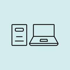 Laptop and book set icon symbolizes digital learning, knowledge balance, and a modern educational workspace.