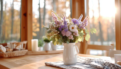 beautiful bouquet of wildflowers in white pitcher sits on wooden table, illuminated by glowing sunlight through window, creating warm atmosphere