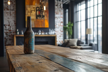 Rustic wooden table features a vintage bottle in a modern industrial lounge with large windows and cozy furniture