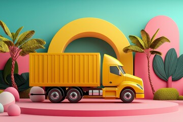 Yellow Delivery Truck in Tropical Low Poly Scene