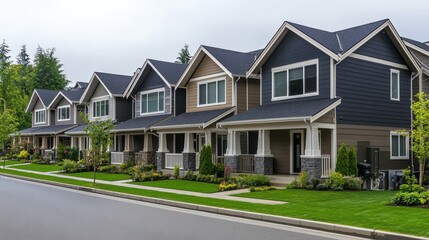 Row of modern houses on a quiet street. Neutral color palette with gray, brown, and blue siding.