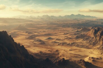 Naklejka premium A vast, arid landscape of towering mountains and dusty plains.