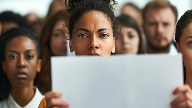Diverse group of determined employees holding blank protest signs at workplace, advocating for change and unity in corporate environment. Workplace activism and social justice concepts.