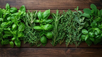 A vibrant assortment of fresh green herbs, including basil and rosemary, on a rustic wooden table.