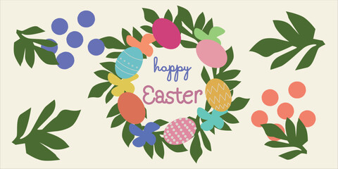 Adorable Easter illustration featuring colorful painted eggs surrounded by blooming spring flowers.