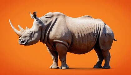 Obraz premium Majestic Rhino's Portrait: A solitary rhinoceros stands in profile, a testament to the untamed beauty of the African plains, with its horn prominently displayed against a fiery orange backdrop.