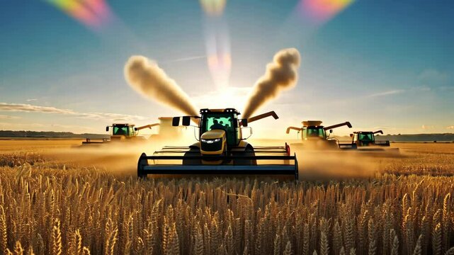 Fleet of combine harvesters harvesting golden wheat in large field under clear blue sky at sunrise, raising dust and sunrays, representing modern agriculture, food production, and rural industry.