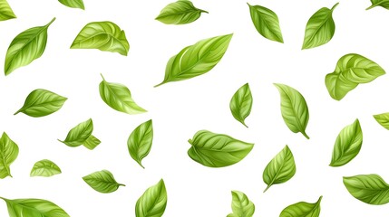 Seamless Pattern of Floating Fresh Basil Leaves on White Background