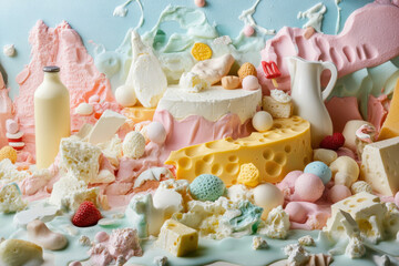 Colorful dessert landscape featuring various sweets and candies, inspired by an imaginative confectionery world