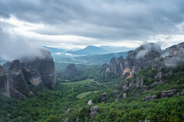Amazing panoramic view with Varlaam Monastery, Monastery of Great Meteoron and Monastery of St. Nikolaos in the Meteora Valley near Kastraki, Greece