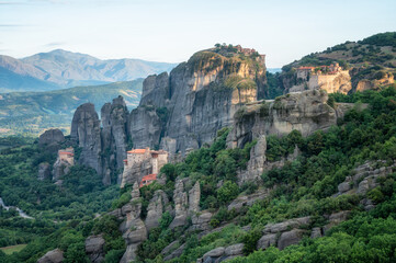 Amazing panoramic view with Varlaam Monastery, Monastery of Great Meteoron and Monastery of St. Nikolaos in the Meteora Valley near Kastraki, Greece