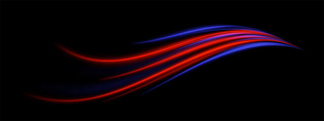 Smooth beam. Red and blue light trails bending upward. Energy flow, speed effect, digital shape, futuristic glow design.