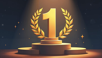 Golden number one with laurel branches on dark background, victory