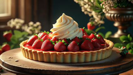 Strawberry vanilla cream cheese tarts over light gray table. Fresh Strawberry Cake. Strawberry tarts with custard. Pastry berry tart. Delicate crispy, crumbly dessert with strawberries and mint. 