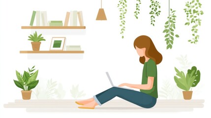 Fototapeta premium A woman sits on the floor with a laptop, surrounded by potted plants and shelves, creating a cozy, green workspace in a serene environment.