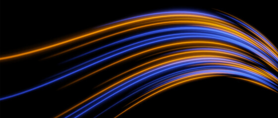 Light flow. Blue and orange lines form wide dynamic path. Glowing arcs with soft gradient and smooth energy.