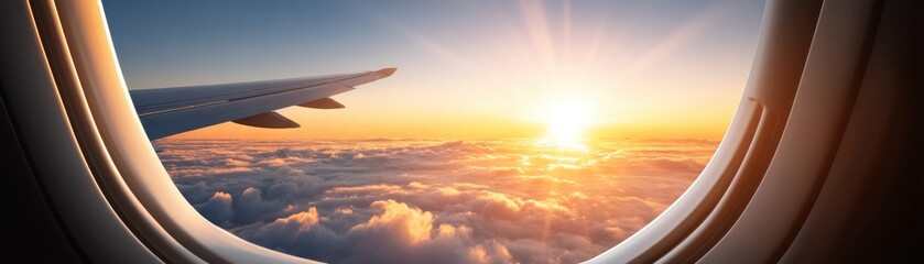Fototapeta premium A stunning view from an airplane window, showcasing a wing against a vibrant sunset over fluffy clouds.