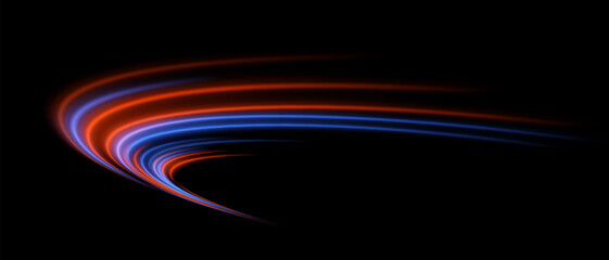 Dynamic arc. Multiple red and blue trails form layered semicircle. Neon glow, energetic stream, smooth digital motion.