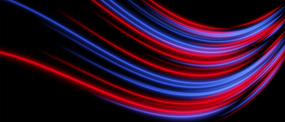 Dual energy flow. Blue and red trails merge in dynamic sweep. Sharp contrast, motion fluidity, tech-inspired arc shape.