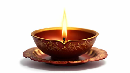 A richly decorated red diya, complete with a golden filigree design, sits on a matching saucer, its flame brightly illuminating the scene.