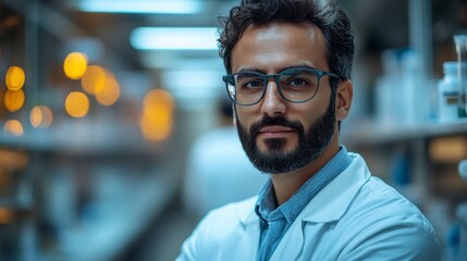 Focused scientist with glasses in a bright lab setting