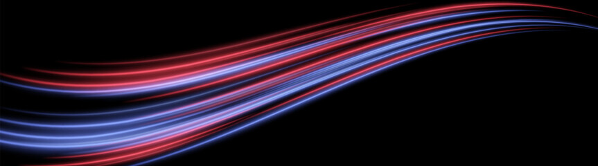 Soft light streaks. Blended red and blue beams in forward spread. Motion blur effect, smooth neon direction.