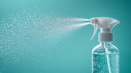 Spray bottle releasing mist over a turquoise background