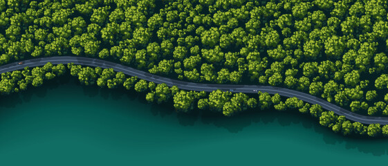 Top view of a forest. View from above. A huge number of green trees. Wild nature landscape. Car on a winding road. Countryside highway. Mountain serpentine. Vector illustration. Adventure banner. © Ihor