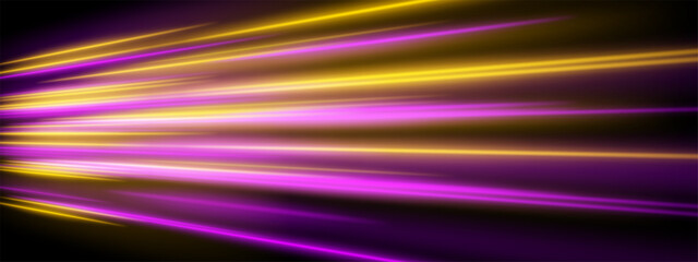 Neon speed blur. Violet and yellow lines rush outward in radiant energy flow with digital flare.