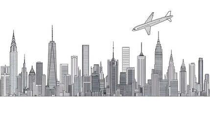 Fototapeta premium Simple Line Drawing of City Skyline with Airplane Above