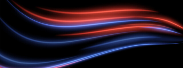 Color stream flow. Red and blue glowing ribbons float in soft fluid motion with layered light dynamics.