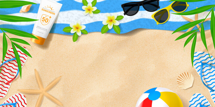 Bright summer banner template. Vector summer banner with beach ball, seashells, flip flops, towel, sun glasses, tropical leaves, flowers on sand. Ads background for promotion of summer goods, events.