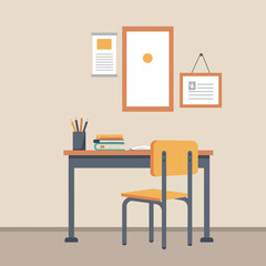 Simple wooden desk with yellow chair and stationery in a minimalistic workspace setting, featuring flat vector art